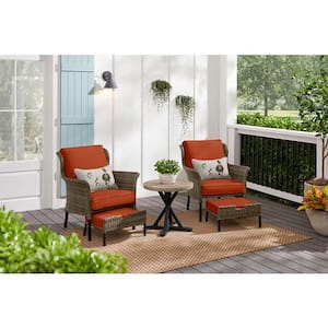 Devonwood Brown 5-Piece Wicker Outdoor Patio Small Space Chat Seating Set with CushionGuard Quarry Red Cushions