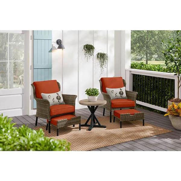 Hampton Bay Devonwood Brown 5-Piece Wicker Outdoor Patio Small Space Chat Seating Set with CushionGuard Quarry Red Cushions