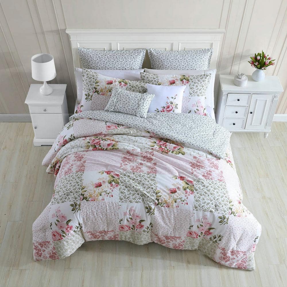 Ailyn Twin Pink Cotton Patchwork Comforter Set with Throw Pillows