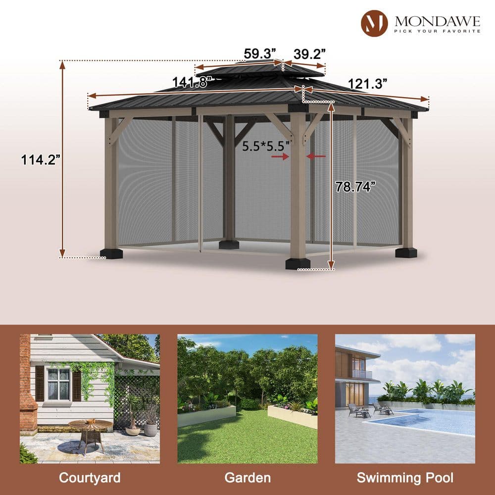 Mondawe 10'x12' Permanent Hardtop Gazebo Canopy Cedar Wood Framed Pavilion with Galvanized Steel Double Roof for Patio Lawn and Garden, Netting Included