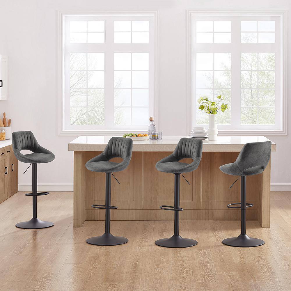 Gray Adjustable Swivel Faux Leather Bar Stools with Metal Base, Set of 2