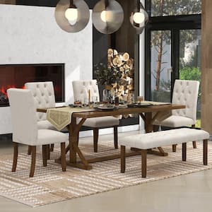 6-Piece Walnut Rectangle MDF Top Dining Table Set with 4 Upholstered Chairs and Bench