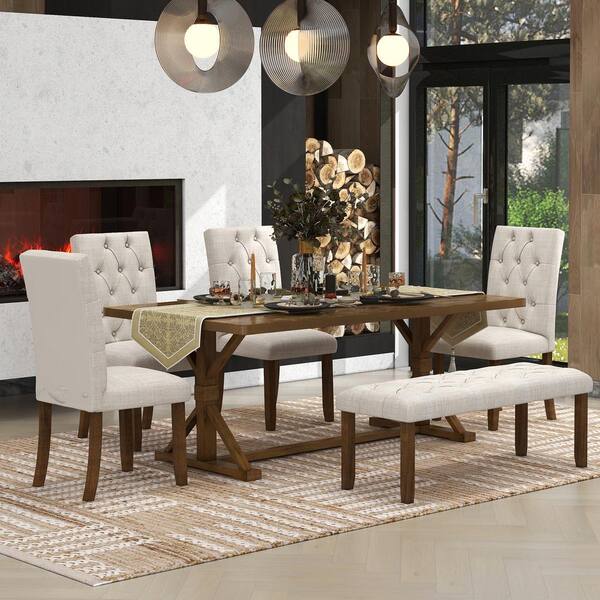 thumbnail image 2 of 6-Piece Dining Room Table Set, Wooden Dining Table Set With 4 Cushioned Chairs And Bench, Modern Dining Chair With Wood Legs For High Back For Living 2 of 14