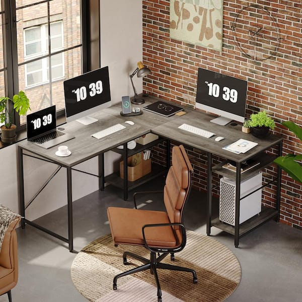 Bestier 95 in. Retro Grey Oak-Dark L-Shaped Computer Desk with Storage Shelves