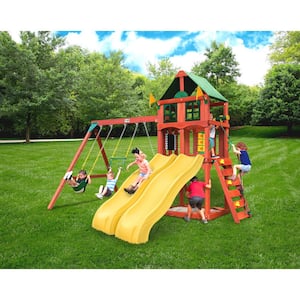 Sweetwater Deluxe Wooden Playset with Tarp Roof, Wave Slides, Rock Wall, Sandbox & Swing Set Accessories