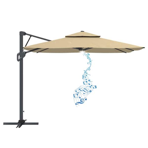 Clihome 10 ft. Patio Square Pneumatic Lever Cantilever Umbrella in Khaki with Bluetooth Speaker and Lighting (Without Base)