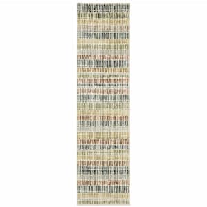 Ivory Blue Green Red and Gold Geometric 2 ft. x 8 ft. Power Loom Stain Resistant Runner Rug
