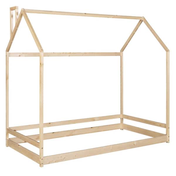 URTR Natural Twin Size Wooden House Bed House Shape Floor Bed Frame Wood House Bed for Boys and Girls