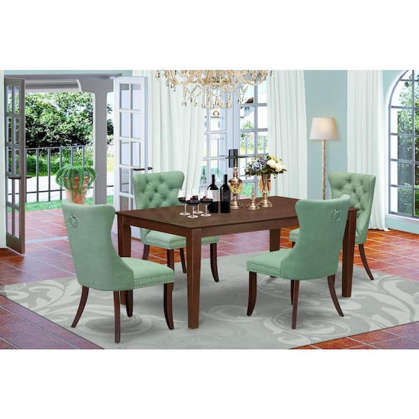 East West Furniture 5-Piece Rectangular Mahogany Finish Solid Wood Top-Upholstered Dining Room Set-Seats 4