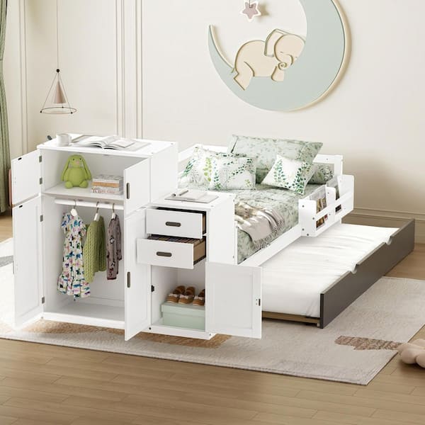 Harper & Bright Designs White and Gray Twin Size Wood Multifunctional Platform Bed with Trundle Bed, Wardrobe, Drawers, Cabinet