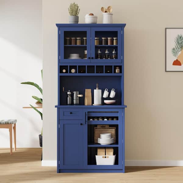 Polibi Blue Wood 35.4 in. x 74.8 in. Kitchen Pantry Cabinet with