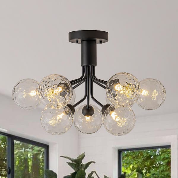 Ceder 9-Light 23.2 in.W Matte Black Semi Flush Mount Modern Sputnik Ceiling Light with Water Glass Globe for Kitchen