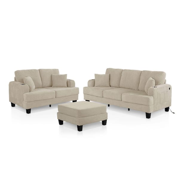 Kasin 3-Piece Beige Chenille Small Space Living Room Set with USB Ports and Cup Holders