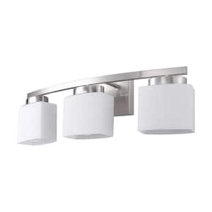 24 in. 3 Light Nickel Modern Industrial Square Vanity Light for Bathroom with Curved Arms and Milk White Shades