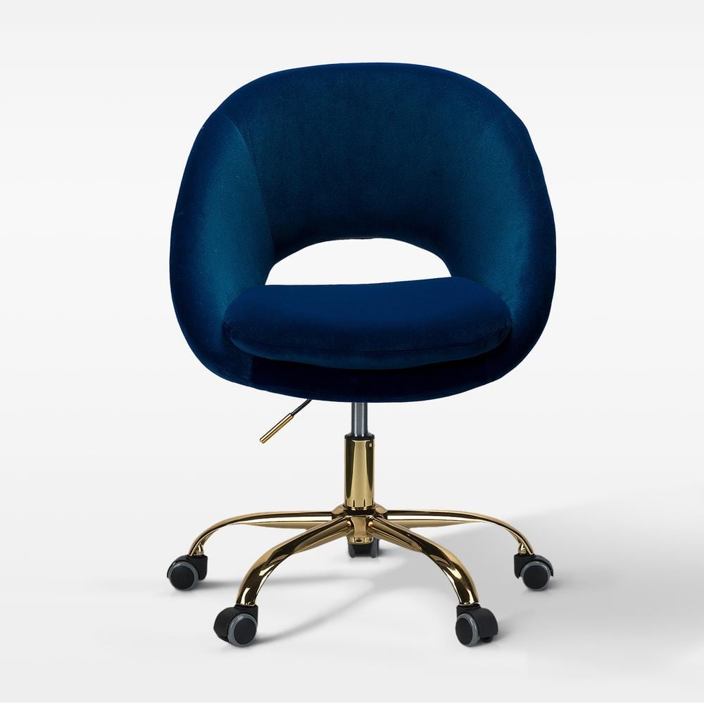 Ergonomic Navy Velvet Swivel Task Chair with Gold Metal Base