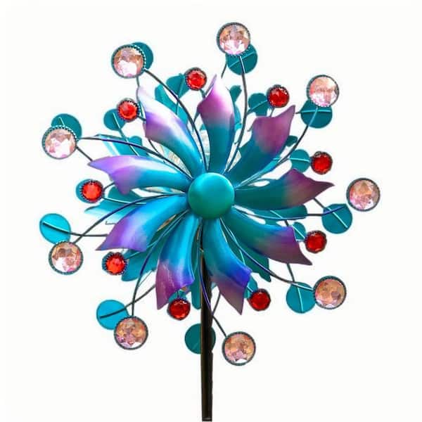 360° Solar Wind Spinner with Lights Blue Metal Garden Outdoor Decor Yard Lawn Art Decor 60.63 in. H x 13.38 in. Dia