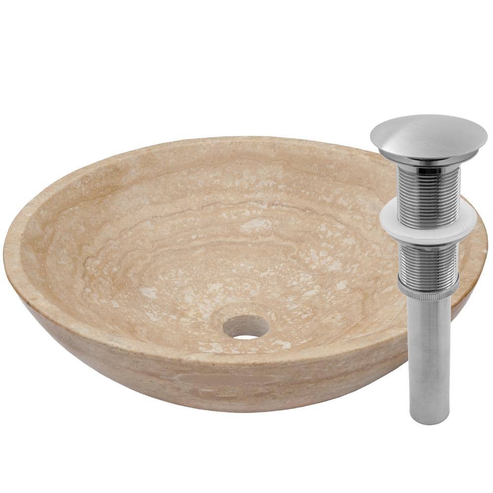 Novatto Stone Vessel Sink in Beige Travertine with Umbrella Drain in