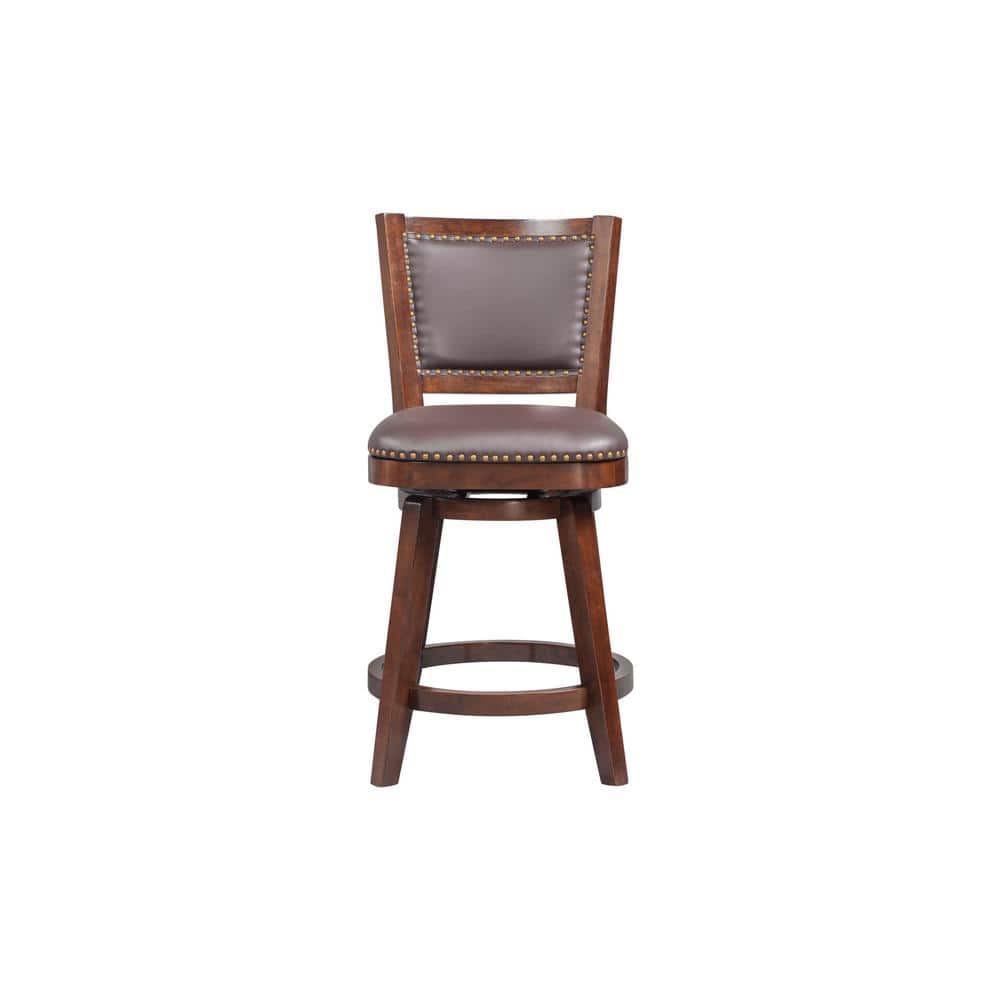 Cappuccino Wood and Metal Swivel Bar Stool with Leather Seat