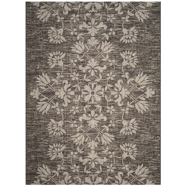 Courtyard Black/Light Gray 9 ft. x 12 ft. Antique Floral Indoor/Outdoor Area Rug