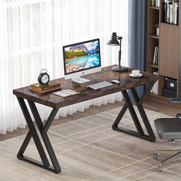BYBLIGHT Halseey 55 in. Rectangle Brown Black Computer Desk Writing Table Z-Shaped Metal Leg Large Business Workstation Table