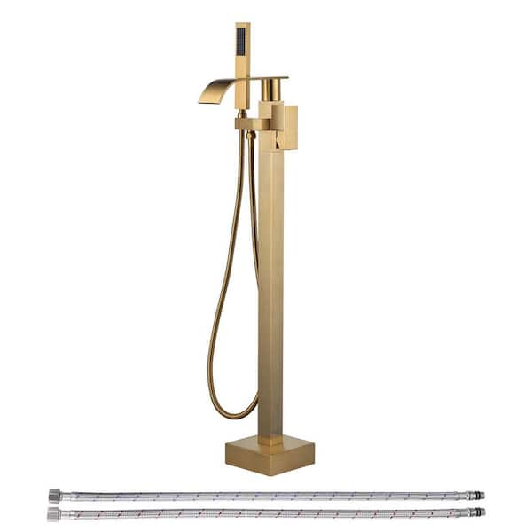 Single-Handle Brass Freestanding Tub Faucet with Hand Shower, Waterfall Floor Mount Bathtub Filler in. Brushed Gold