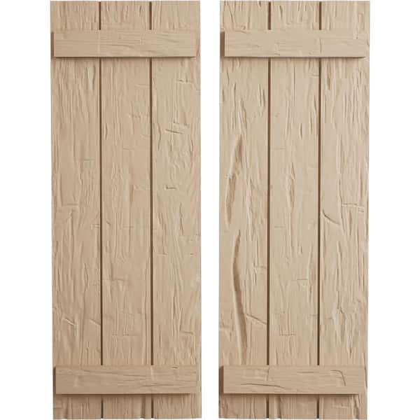 Ekena Millwork 16.5 in. x 30 in. Timberthane Polyurethane 3-Board Joined Board-n-Batten Hand Hewn Faux Wood Shutters Pair