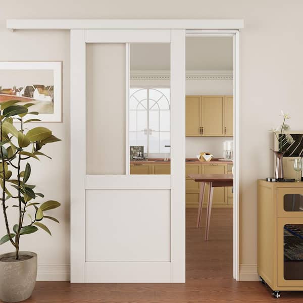 ARK DESIGN 36 in. x 80 in. Hidden Track Style 1/2-Lite Clear Glass White Primed MDF Sliding Barn Door with Hardware Kit