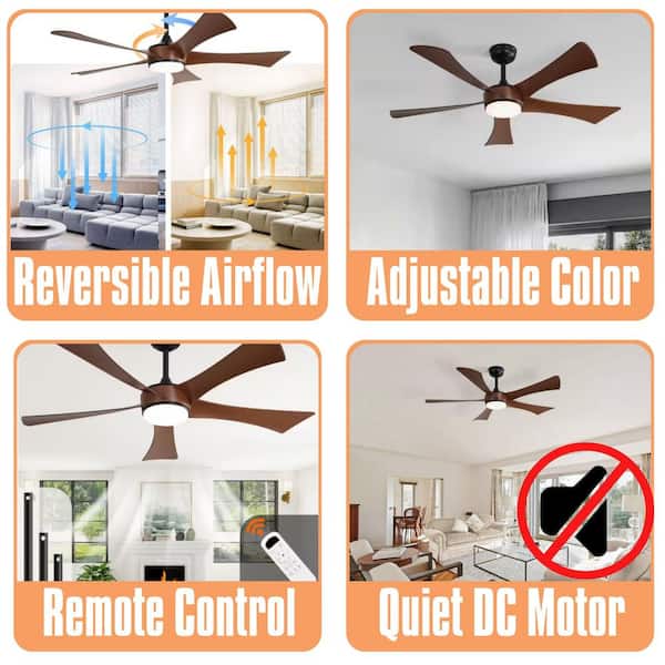 52 in. Brown Modern Ceiling Fan With 3-Color Dimmable 5 ABS Blades Remote Control Reversible DC Motor, Downrod Mount