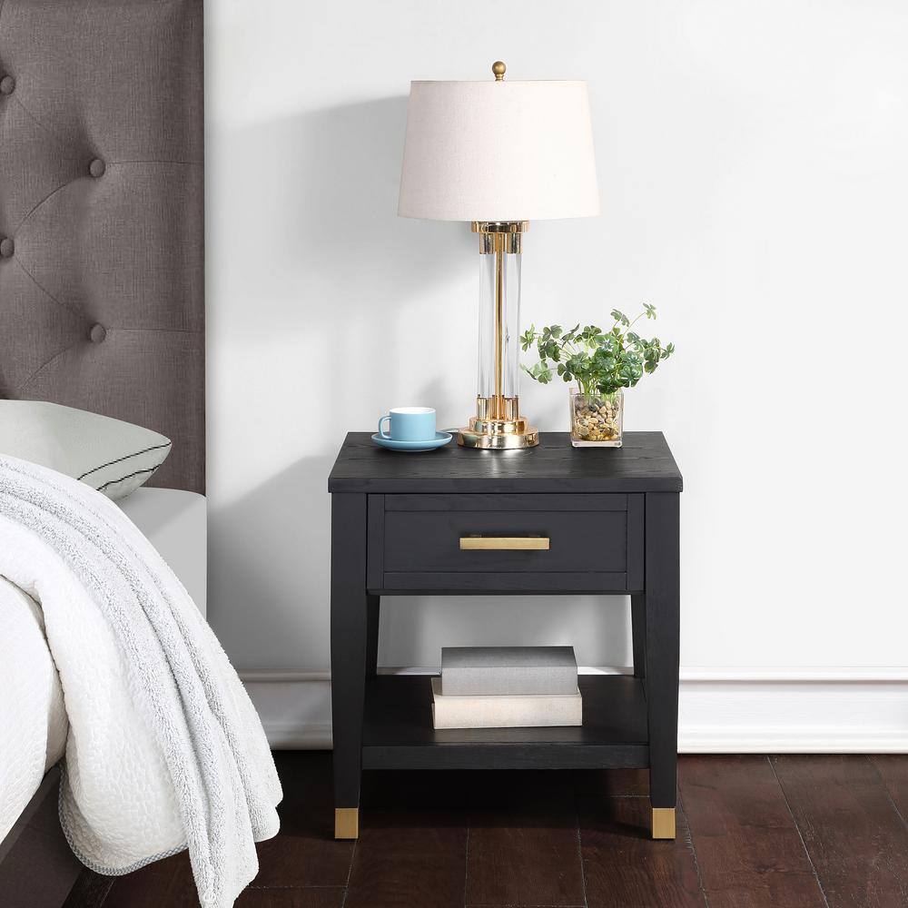 Black and Gold Rectangular Wood End Table with Storage