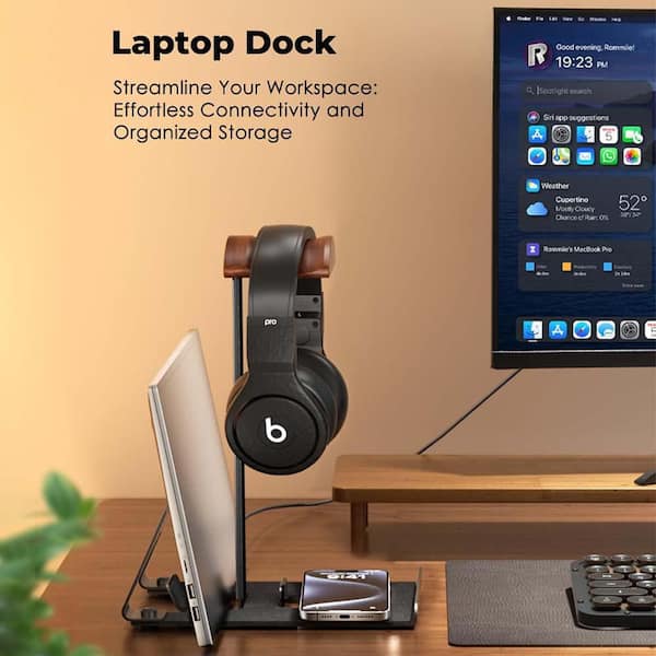 Headphone Stand Holder Wood Desk Organizer with Laptop Dock for