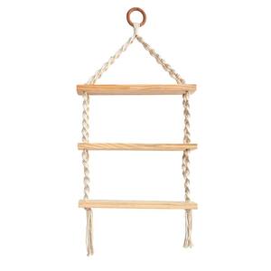 5 in. x 30 in. x 12 in. Cream Macrame and Wood Three Tier Handmade Boho Wall Hanging with Shelf