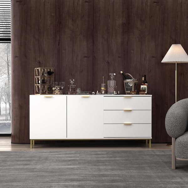 FUFU&GAGA 62.9 in. W White Paint Sideboard Kitchen Buffet Cupboard with Drawers and Shelves, Metal Legs