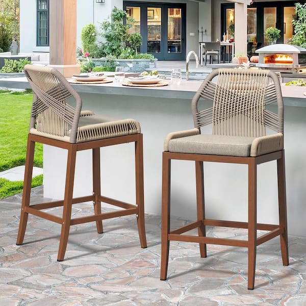 Shanks Rattan Aluminum Frame Brown Modern Boho Counter Height Outdoor Bar Stool with Woven Rope Back (Set of 2)