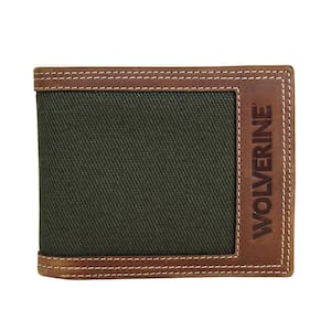 Wolverine Oil Tan Leather and Canvas Trifold Wallet in Brown/Olive