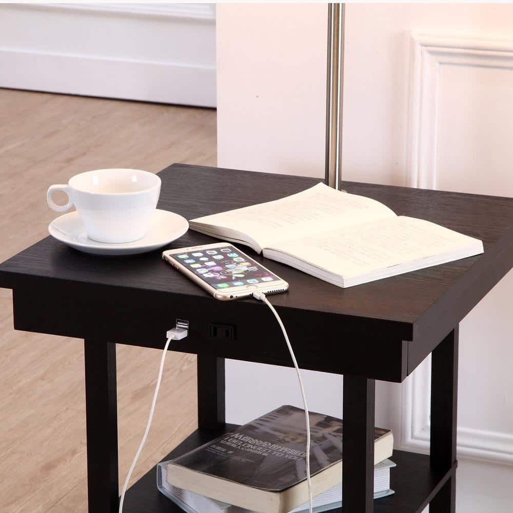 Madison Mid-Century Modern Black Wood & Metal LED Side Table with USB Port