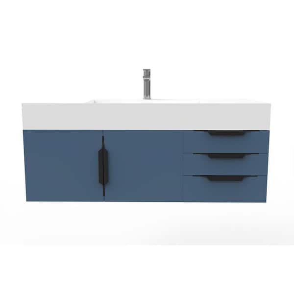 castellousa Maranon 48 in. W x 19 in. D x 19.25 in. H Single Bath Vanity in Matte Blue with Black Trim and White Solid Surface Top