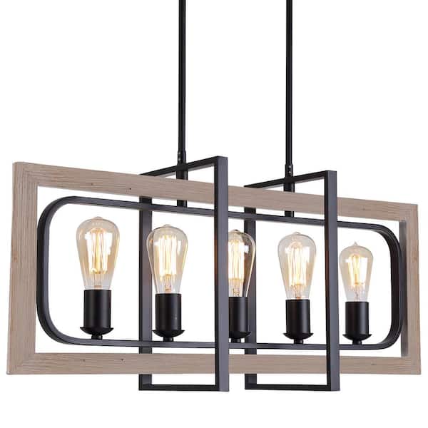 aisword 5-Light Oak Wood Metal Black Rectangle Chandelier