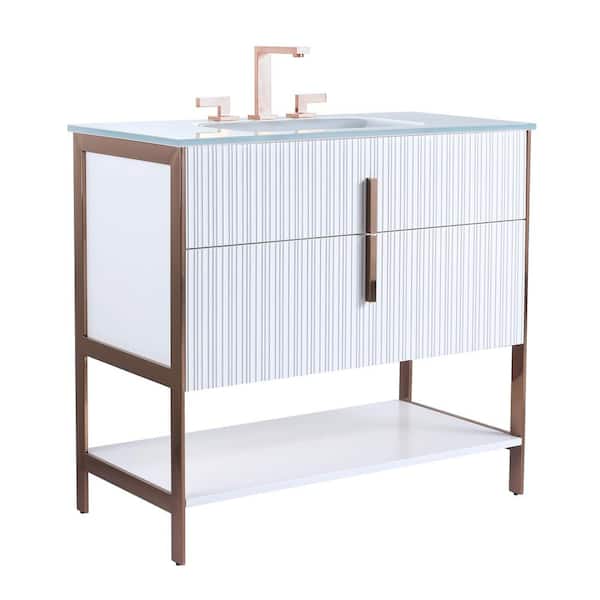 FINE FIXTURES 36 in. W x 18 in. D x 33.5 in. H Bath Vanity in White Matte with Glass Vanity Top in White with Gold Hardware