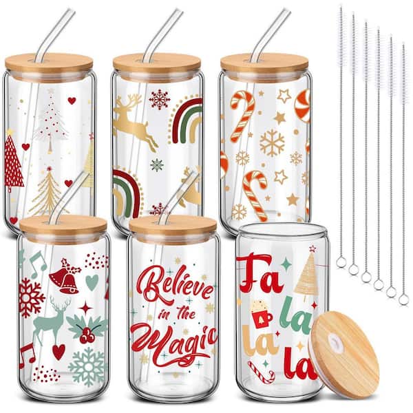 16 oz. Glass Cups with Lid and Straw, Christmas Appreciation Gifts for Birthday and Party, Red (6-Pack)