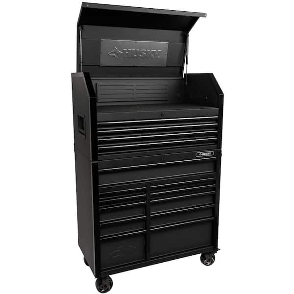 Husky 41 in. W x 21.5 in. D Heavy Duty 15-Drawer Combination Rolling Tool Chest and Top Tool Cabinet in Matte Black