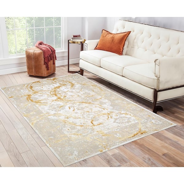 4' x 6' Grey Charcoal Gold Brown Ivory Pale Sage and Light Blue Oriental Printed Stain Resistant Non Skid Area Rug