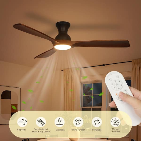 52 in. Smart Indoor Modern Solid Wood Black Low Profile Flush Mount Ceiling Fan with Integrated LED with Remote for Room