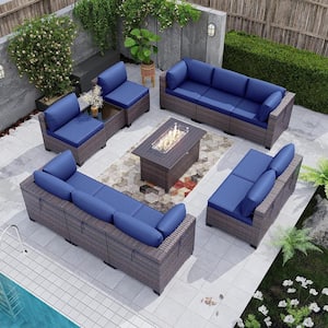 12-Piece Wicker Patio Conversation Set with 55000 BTU Gas Fire Pit Table and Glass Coffee Table and Navy Cushions