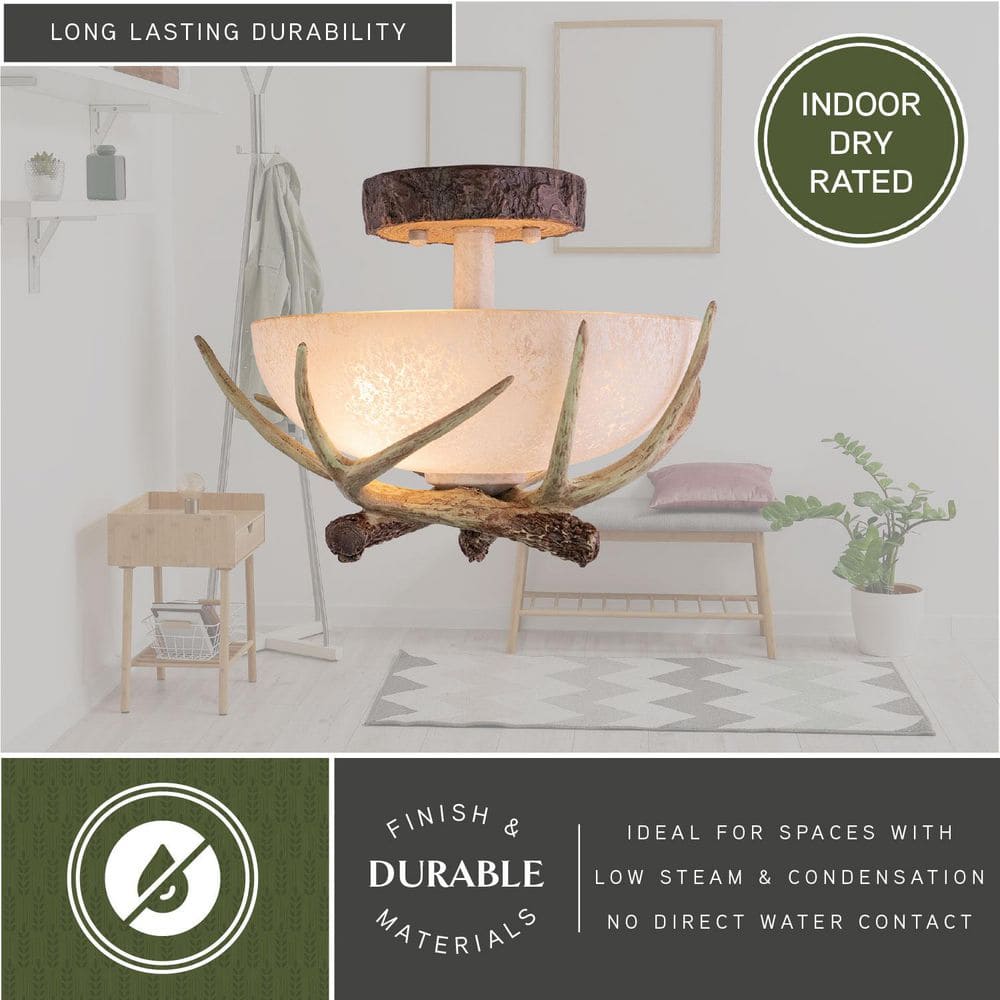 Rustic Antler 12" Brown Glass Semi Flush Mount Ceiling Light