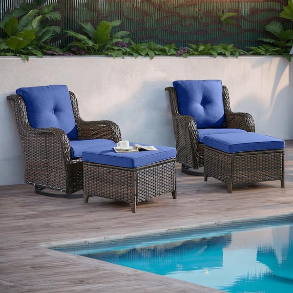 4-Piece Brown Wicker Outdoor Swivel Glider with Blue Cushions and Matching Ottomans Rocking Chairs for Patio or Garden
