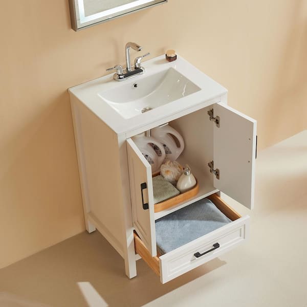 24 in. W Single Sink White Freestanding Solid Wood Bath Vanity with White Ceramic Top, Assembled