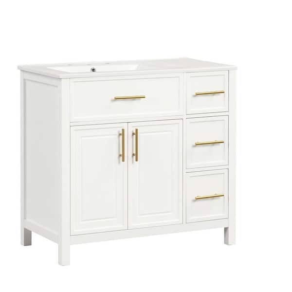 36 in. W x 18 in. D x 34 in. H Single Sink Freestanding Bath Vanity in White with White Ceramic Top and (3-Drawers)