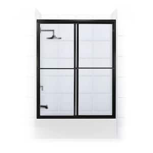 Newport 54 in. to 55.625 in. x 58 in. Framed Sliding Bathtub Door with Towel Bar in Matte Black and Aquatex Glass