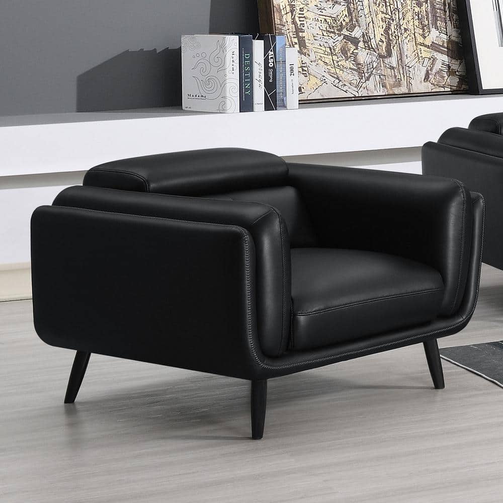 Black Faux Leather Stationary Accent Chair with Wood Legs