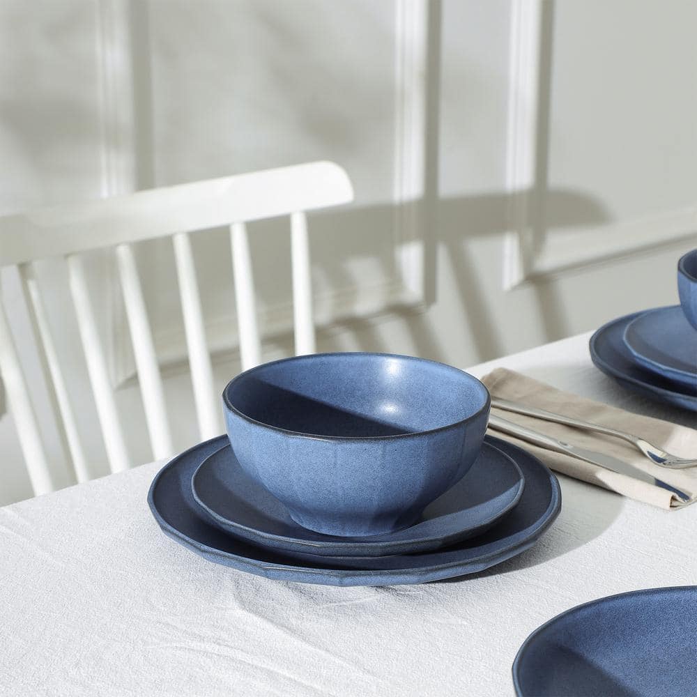 Blue Ceramic 16-Piece Minimalist Dinnerware Set for 8